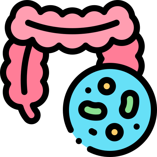 Cartoon illustration of pink intestines with a blue gut icon on a white background