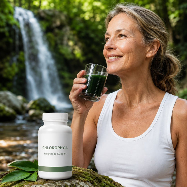 Mature woman drinking green chlorophyll beside a waterfall in a forest setting