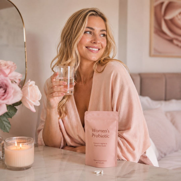 Smiling blonde woman with a women’s probiotic supplement in a soft pink bedroom setting