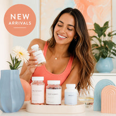 Smiling woman exploring new probiotics, multivitamins, sleep gummies and omega supplements