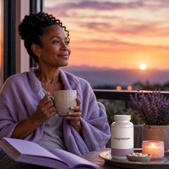 Mature Black woman relaxing at sunset with a magnesium supplement and warm drink