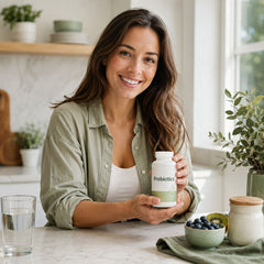 Smiling brunette holding a probiotics bottle beside fruit and yoghurt in a bright kitchen