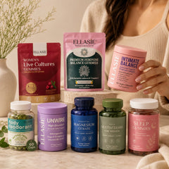 ellasie supplement range with a brunet woman in a marble counter