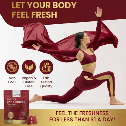 Woman with Ellasie cranberry gummies product packaging