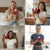 A four-panel collage showing women in different indoor settings holding and taking a mirror selfie with a ellasie cranberry gummies package.