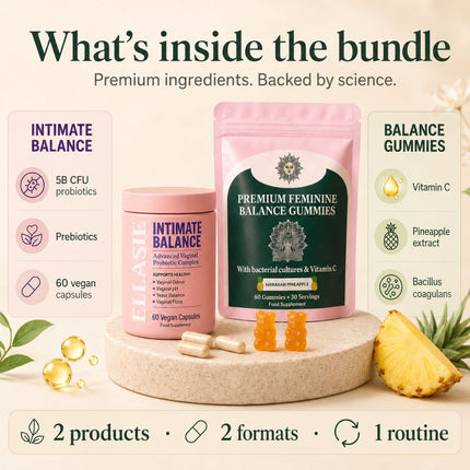 Intimate Balance capsules and pineapple feminine probiotic gummies in a 30-day bundle