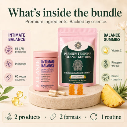 Intimate Balance capsules and pineapple feminine probiotic gummies in a 30-day bundle