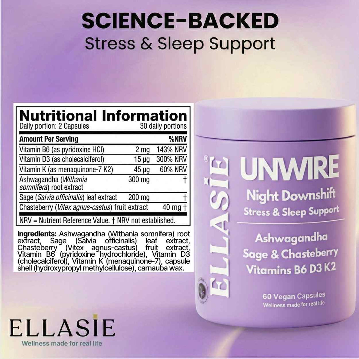 Ellasie Unwire PM supplement facts panel