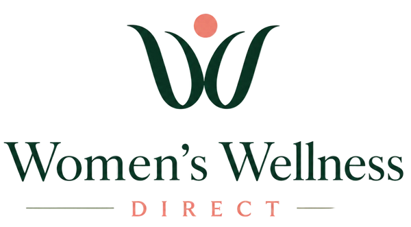 Logo for Women's Wellness Direct featuring a stylized dark green 'W' with a small peach circle above it, and the words 'Women's Wellness DIRECT' below on a white background.