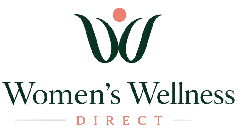 Logo for Women's Wellness Direct featuring a stylized dark green 'W' with a small peach circle above it, and the words 'Women's Wellness DIRECT' below on a white background.