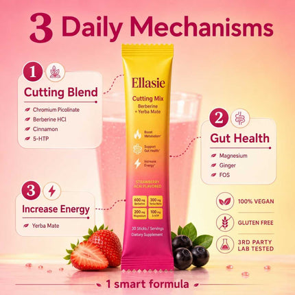 Ellasie Cutting Drink Mix with berberine, chromium, yerba mate, FOS, magnesium, ginger, cinnamon and 5 HTP in one daily stick formula
