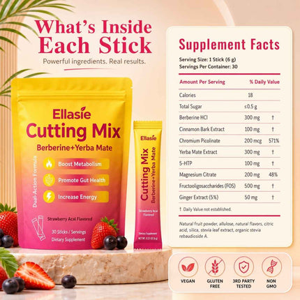 Supplement facts for Ellasie Berberine Cutting Drink Mix with berberine HCl, chromium, yerba mate, FOS, magnesium, ginger, cinnamon and 5 HTP