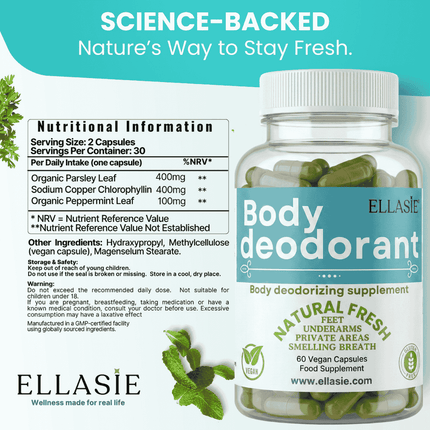 FreshBody chlorophyll capsules supplement facts panel