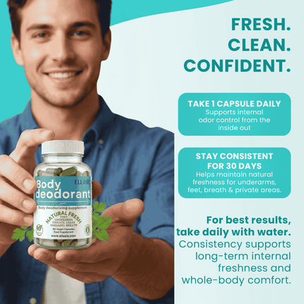 Person holding Ellasie FreshBody chlorophyll capsules
