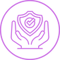 A purple line icon depicting hands holding a shield with a checkmark inside, enclosed in a circular border on a white background.