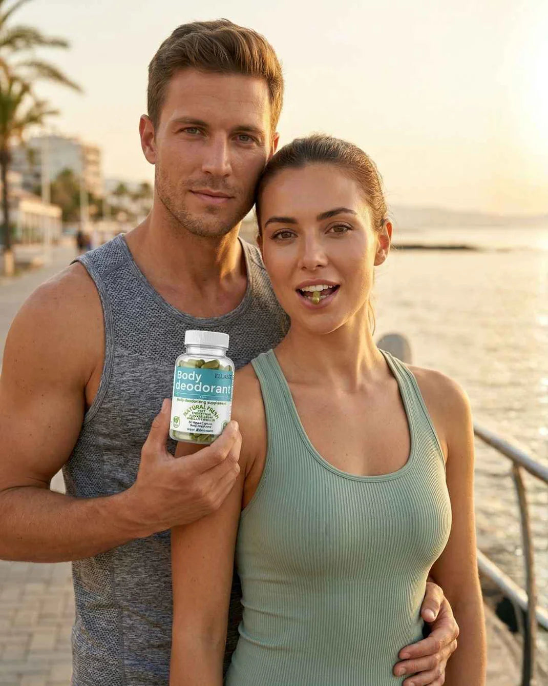 A man and a woman standing together outdoors near the water at sunset, with the man holding a bottle of ellasie body supplement capsules. The man wears a gray sleeveless athletic tank top, and the woman wears a light sage green ribbed tank top.