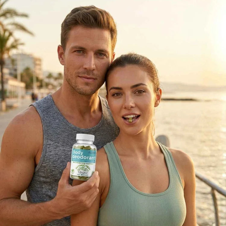 A man and a woman standing together outdoors near the water at sunset, with the man holding a bottle of body supplement capsules. The man wears a gray sleeveless athletic tank top, and the woman wears a light sage green ribbed tank top.