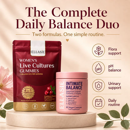 Intimate Balance capsules and cranberry probiotic gummies in a 30-day women’s bundle