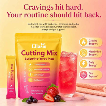 Ellasie Berberine Cutting Drink Mix pouch and sachet beside an iced strawberry açaí drink.
