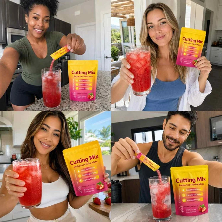 Four-panel lifestyle collage showing women preparing and drinking Ellasie Berberine Cutting Mix in a kitchen.