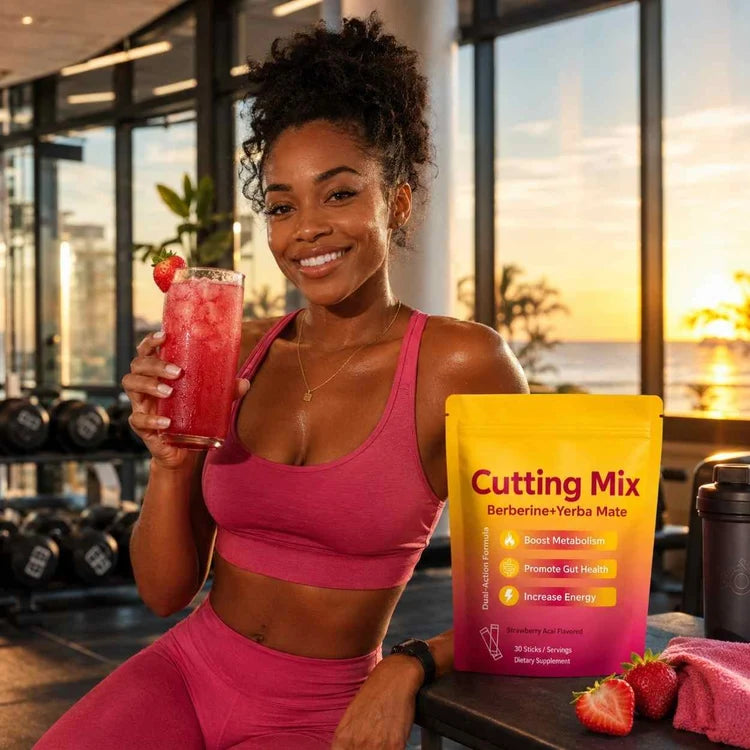 Woman holding a pink drink beside Ellasie Berberine Cutting Mix in a gym at sunset.