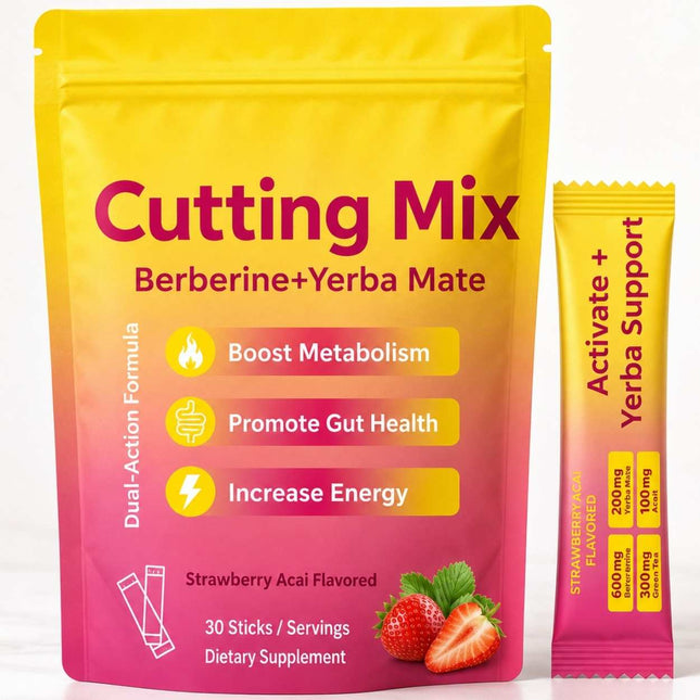 Ellasie Berberine Cutting Drink Mix strawberry acai flavour with 30 daily drink sticks and matching single serve sachet