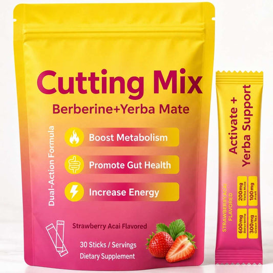 Ellasie Berberine Cutting Drink Mix strawberry acai flavour with 30 daily drink sticks and matching single serve sachet