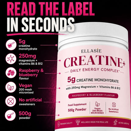 A white tub of Ellasie Creatine+ Daily Energy Complex food supplement with pink and white labeling, shown on a dark pink background with callout text listing ingredients and features.