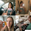 Collage of a woman holding and using Ellasie pineapple probiotic gummies products in various settings.