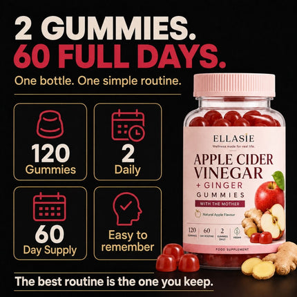 A bottle of Ellasie Apple Cider Vinegar + Ginger Gummies shown on a black promotional background with large marketing text and four feature callouts: 120 gummies, 2 daily, 60 day supply, and easy to remember.