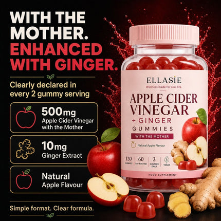 A bottle of Ellasie Apple Cider Vinegar + Ginger Gummies is shown on a dark promotional background with red splashes, large marketing text, ingredient callouts, and loose apples and ginger roots around the bottle.