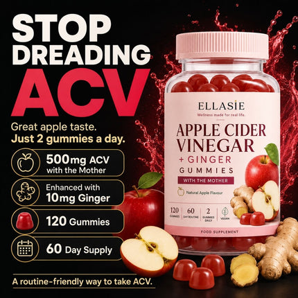 A bottle of Ellasie Apple Cider Vinegar + Ginger Gummies is shown on a dark promotional background with large text about stopping dreading ACV, apple imagery, and ginger root. The product itself is a clear bottle with a pale pink cap and a mostly white label featuring red apple graphics.