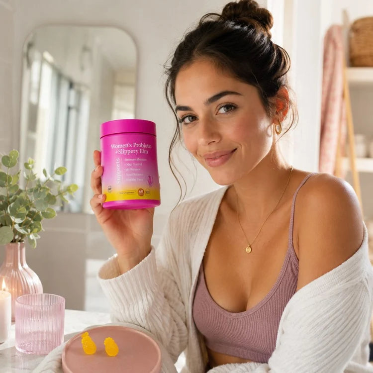 Woman in a bright bathroom holding a pink and yellow women's supplement tub.