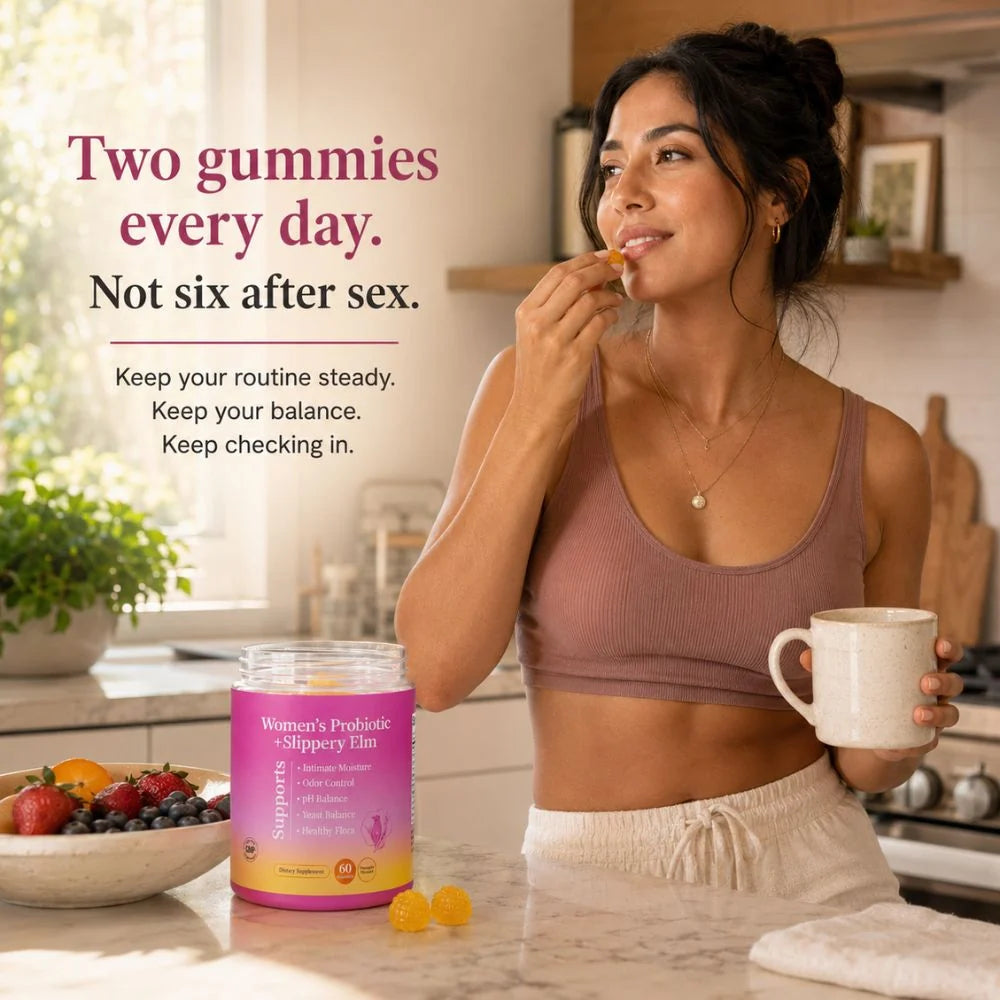 Woman in a kitchen taking a gummy beside a jar of Women's Probiotic & Slippery Gummies; text reads “Two gummies every day.”
