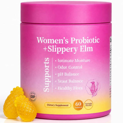 Ellasie Feminine Moisture Gummies with Slippery Elm, pineapple flavoured gummies for intimate comfort and feminine freshness