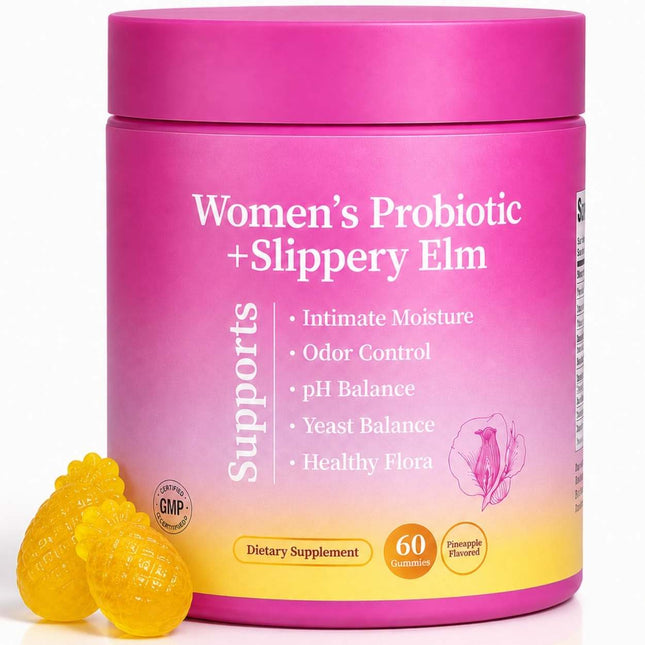 Ellasie Feminine Moisture Gummies with Slippery Elm, pineapple flavoured gummies for intimate comfort and feminine freshness