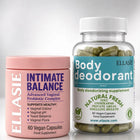 Two Ellasie products shown on a light gray studio background: a pink jar labeled 'Intimate Balance' and a clear bottle labeled 'Body deodorant' filled with green capsules.