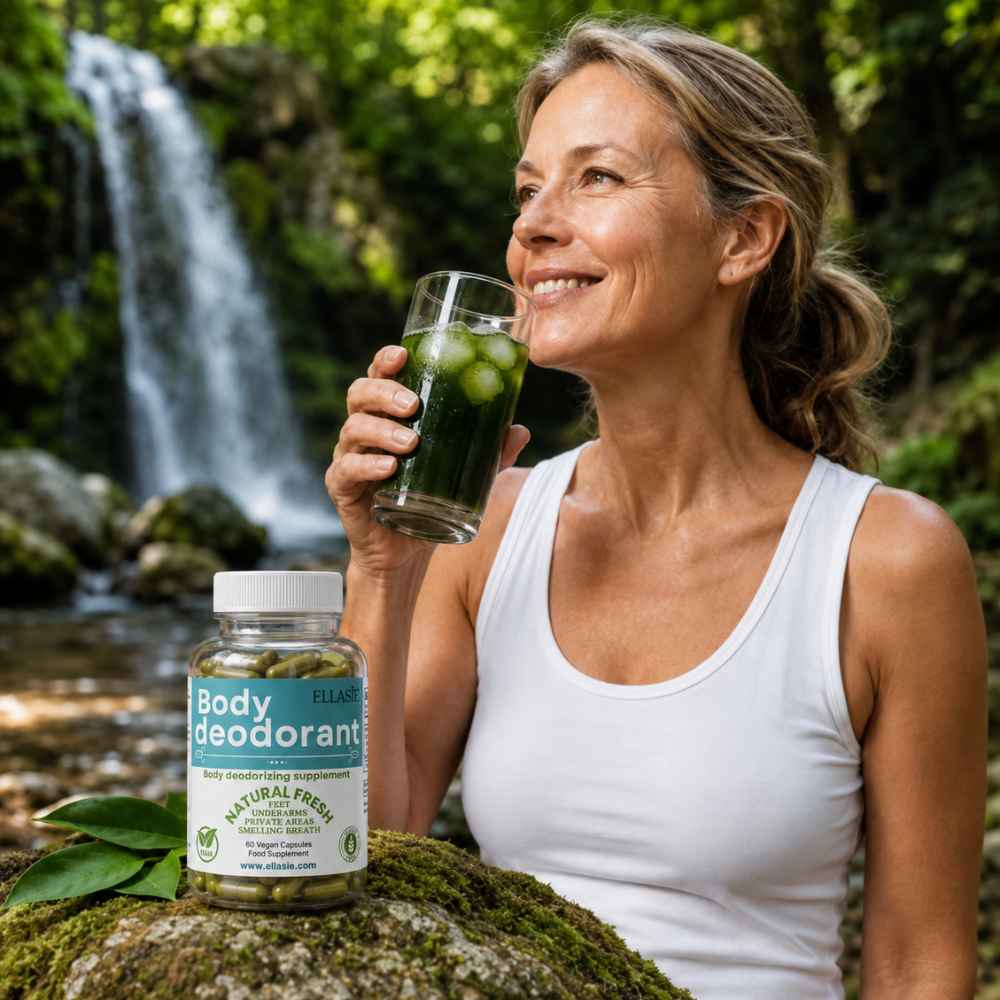 A woman in a white tank top stands outdoors in front of a waterfall, holding a glass of green drink while a bottle of body deodorant rests on a mossy rock in the foreground.