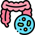 Cartoon illustration of pink intestines with a blue gut icon on a white background