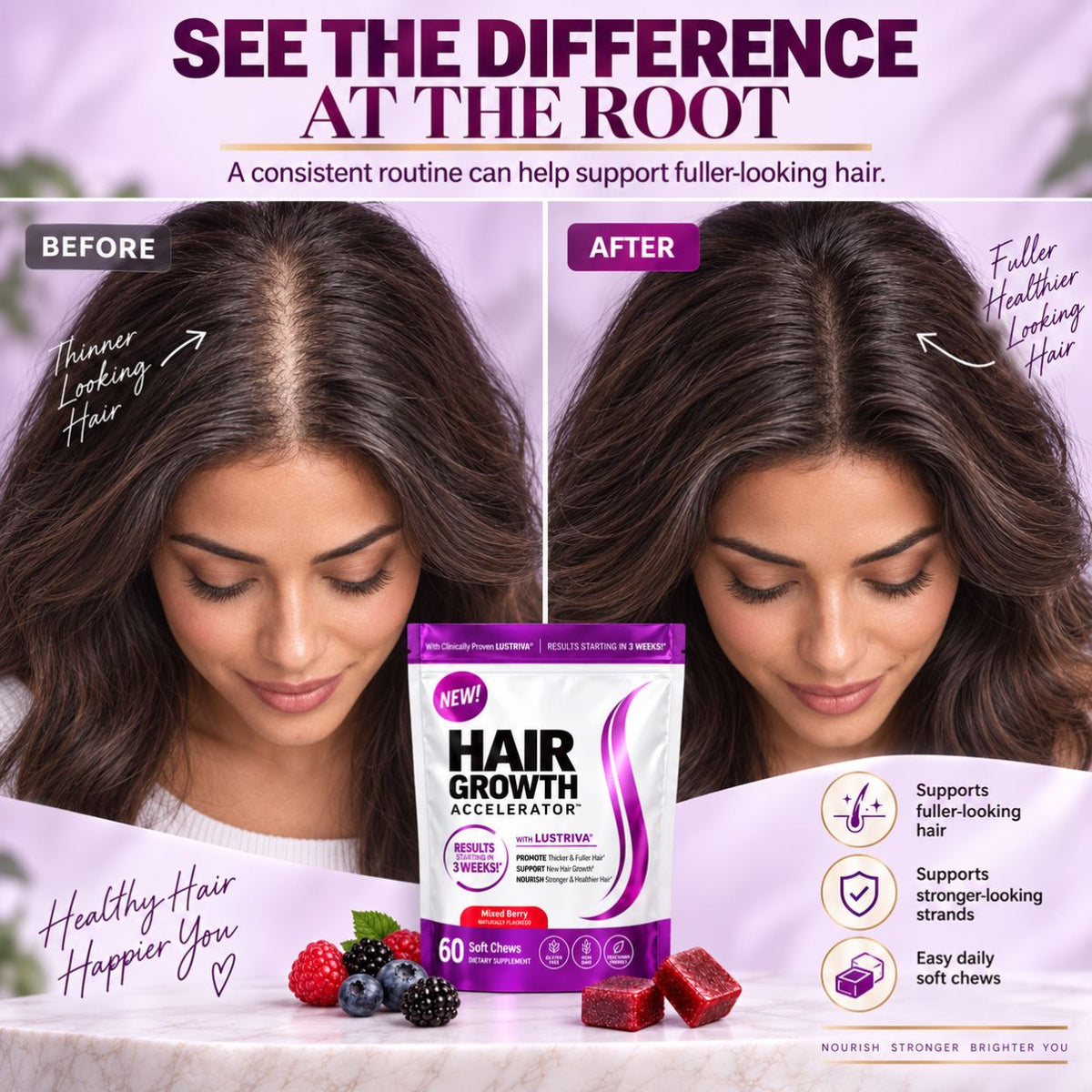 Hair Growth Accelerator with Lustriva® – 60 Gummies