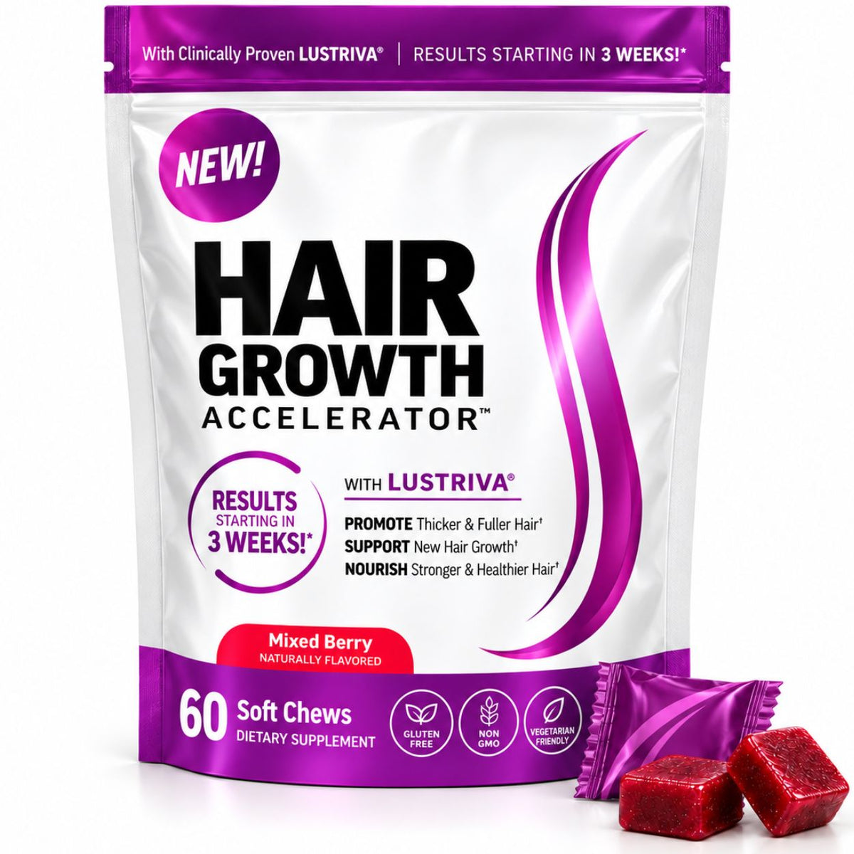 Hair Growth Accelerator with Lustriva® – 60 Gummies