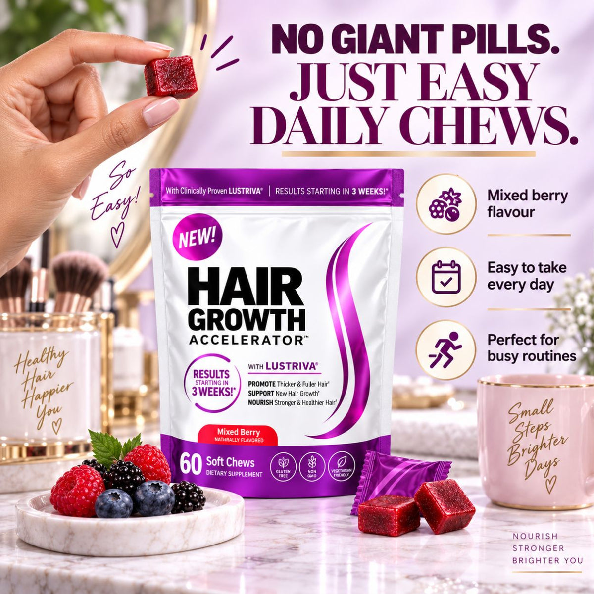 Hair Growth Accelerator mixed berry soft chews by Lustriva in a stand-up pouch, shown with a hand holding a chew, decorative fruit, mugs, and marketing text on a light studio background.