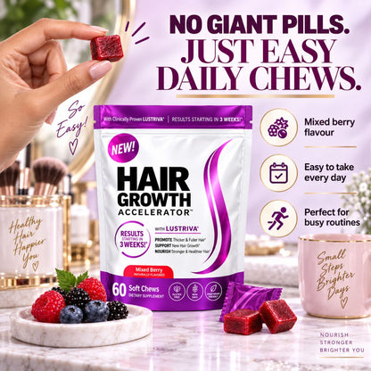 Hair Growth Accelerator mixed berry soft chews by Lustriva in a stand-up pouch, shown with a hand holding a chew, decorative fruit, mugs, and marketing text on a light studio background.