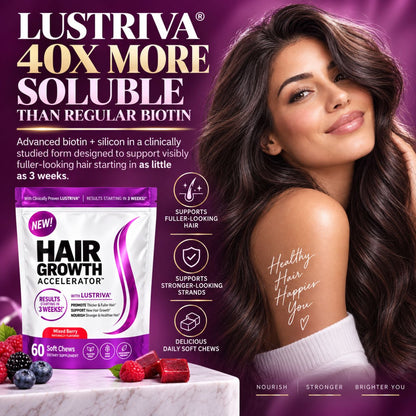 Lustriva Hair Growth Accelerator supplement packaging shown next to a woman with long, fuller-looking hair on a purple promotional background. The ad includes large text about 40X more soluble biotin and icons highlighting benefits such as fuller-looking hair, stronger-looking strands, and daily soft chews.