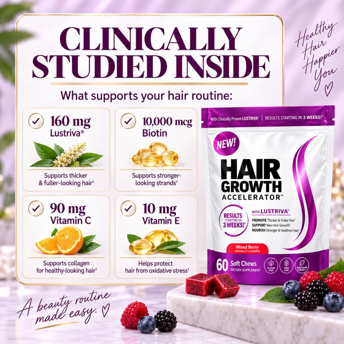 Hair Growth Accelerator with Lustriva® – 60 Gummies