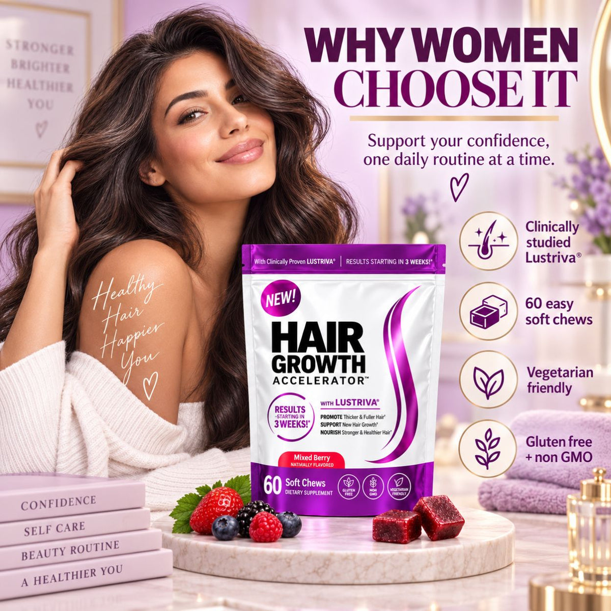 A woman in a white robe stands beside a large bag of Hair Growth Accelerator soft gummies. The ad includes promotional text, icons for clinically studied Lustriv, easy soft chews, vegetarian friendly, and gluten free, and stacks of pink books on a marble surface.