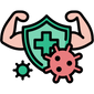 Illustration of a muscular arm with a shield featuring a cross, surrounded by virus symbols on a white background.