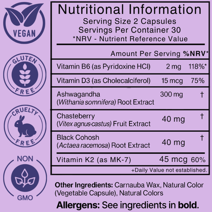 Ellasie Women's 40+ Wellness Capsules. Plant-based supplement for supporting natural balance. Ingredients Facts Table
