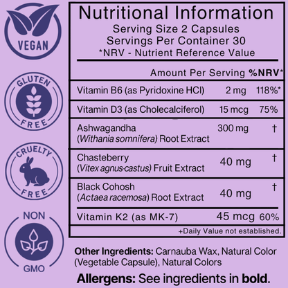 Ellasie Women's 40+ Wellness Capsules. Plant-based supplement for supporting natural balance. Ingredients Facts Table