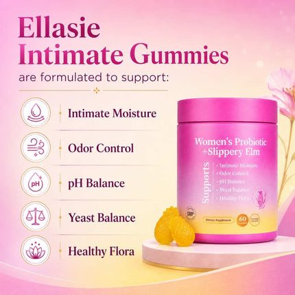 Ellasie Intimate Gummies dietary supplement container on a pink and yellow gradient background, with text listing benefits: intimate moisture, odor control, pH balance, yeast balance, and healthy flora.